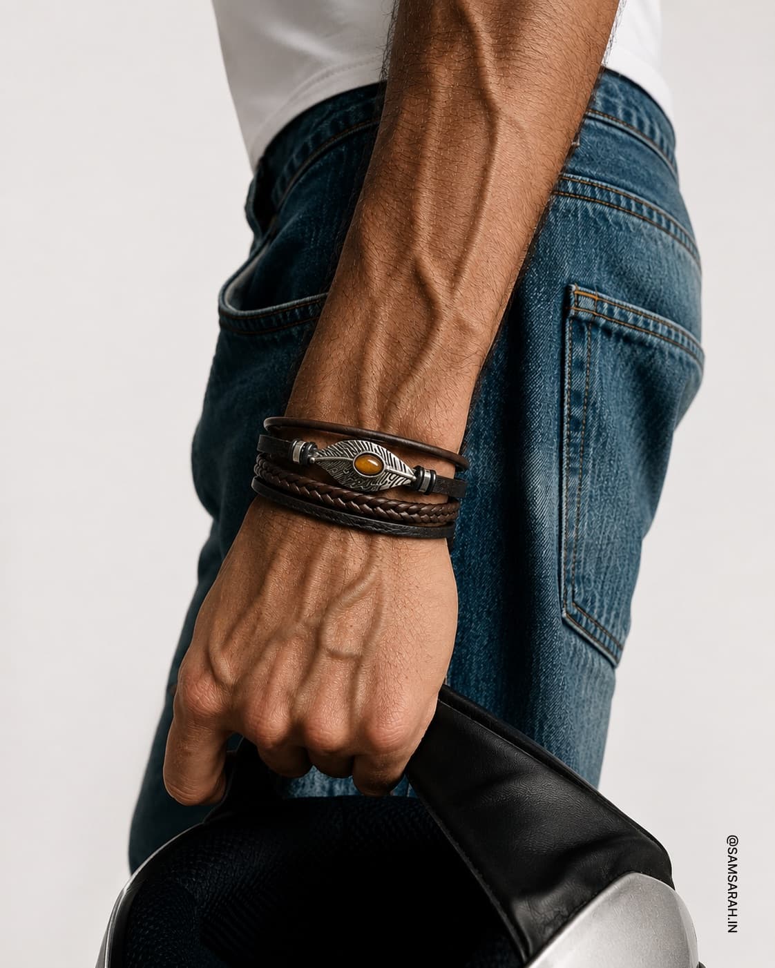Braided Leather & Metal Bracelet — worn
