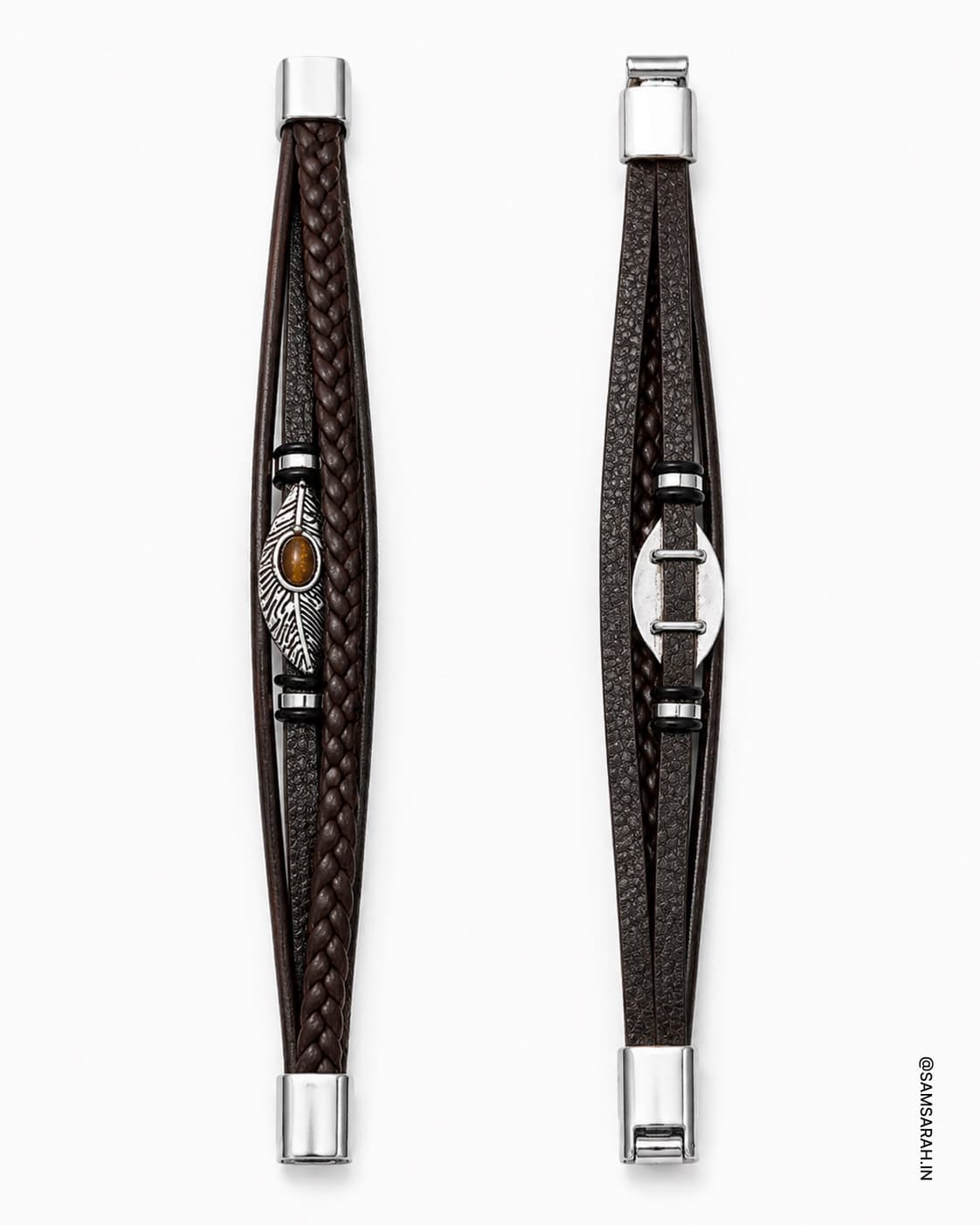 Braided Leather & Metal Bracelet — close up