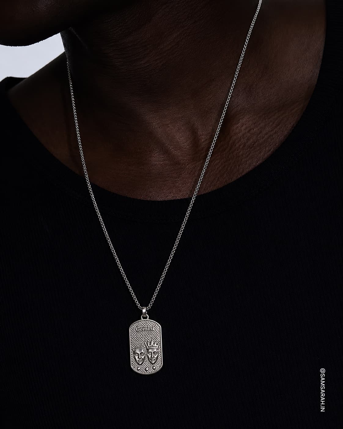 Gemini Engraved Dog Tag Necklace — worn