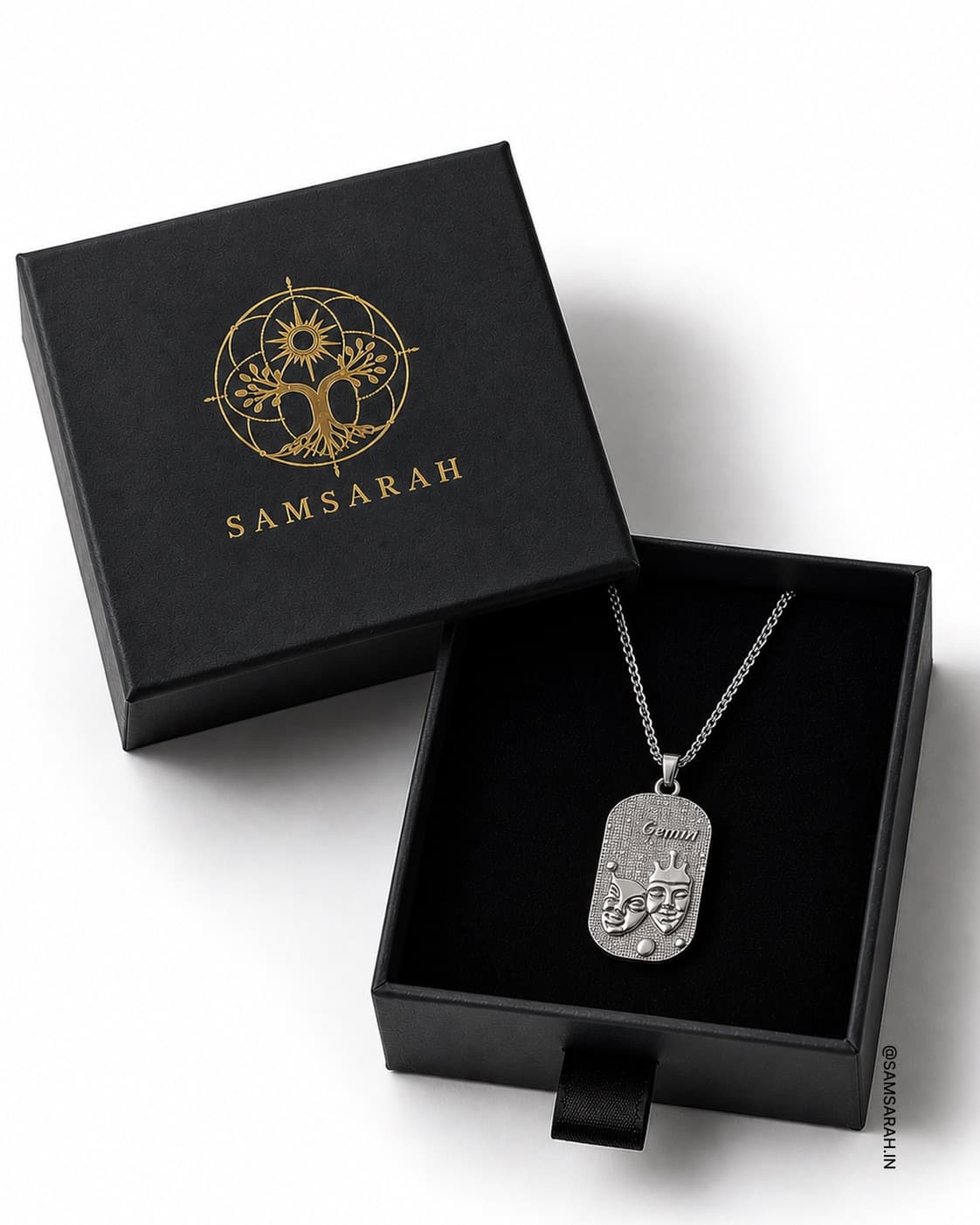 Gemini Engraved Dog Tag Necklace — close up