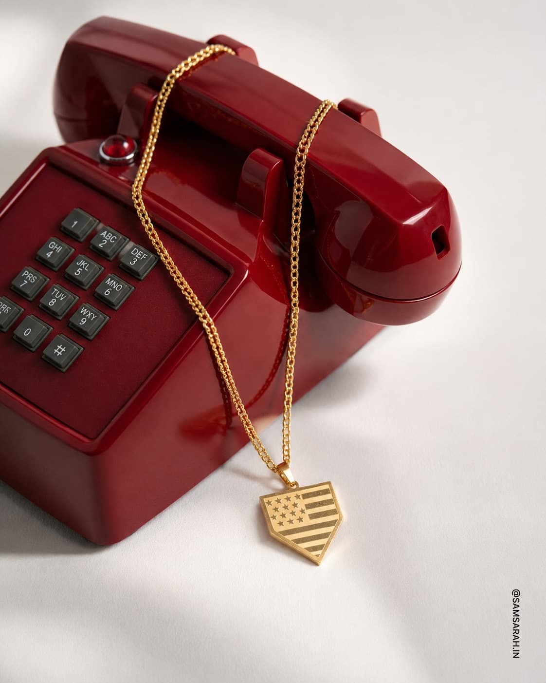 USA Shield Crest Gold Pendant Necklace — worn