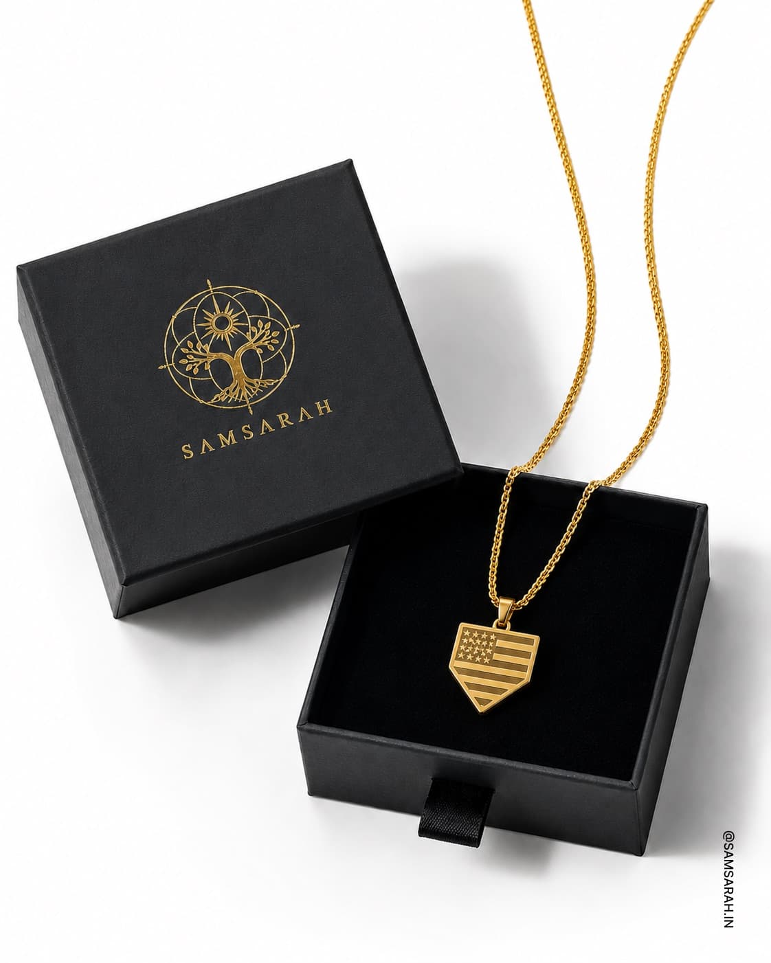 USA Shield Crest Gold Pendant Necklace — close up