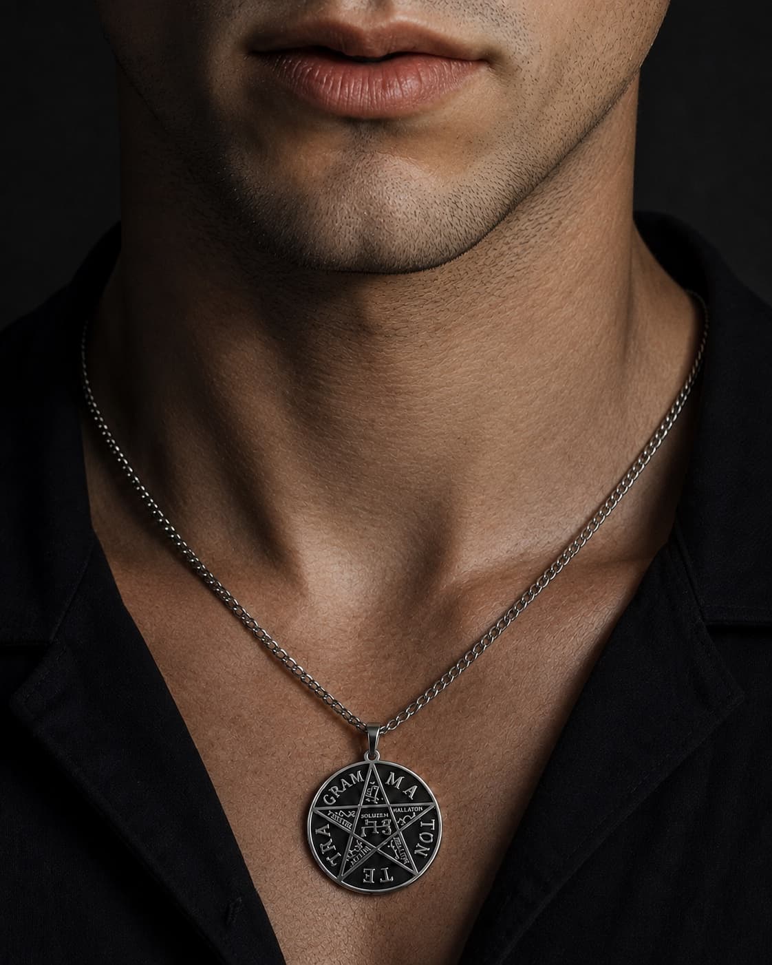 Round Occult Star Pendant Necklace — worn