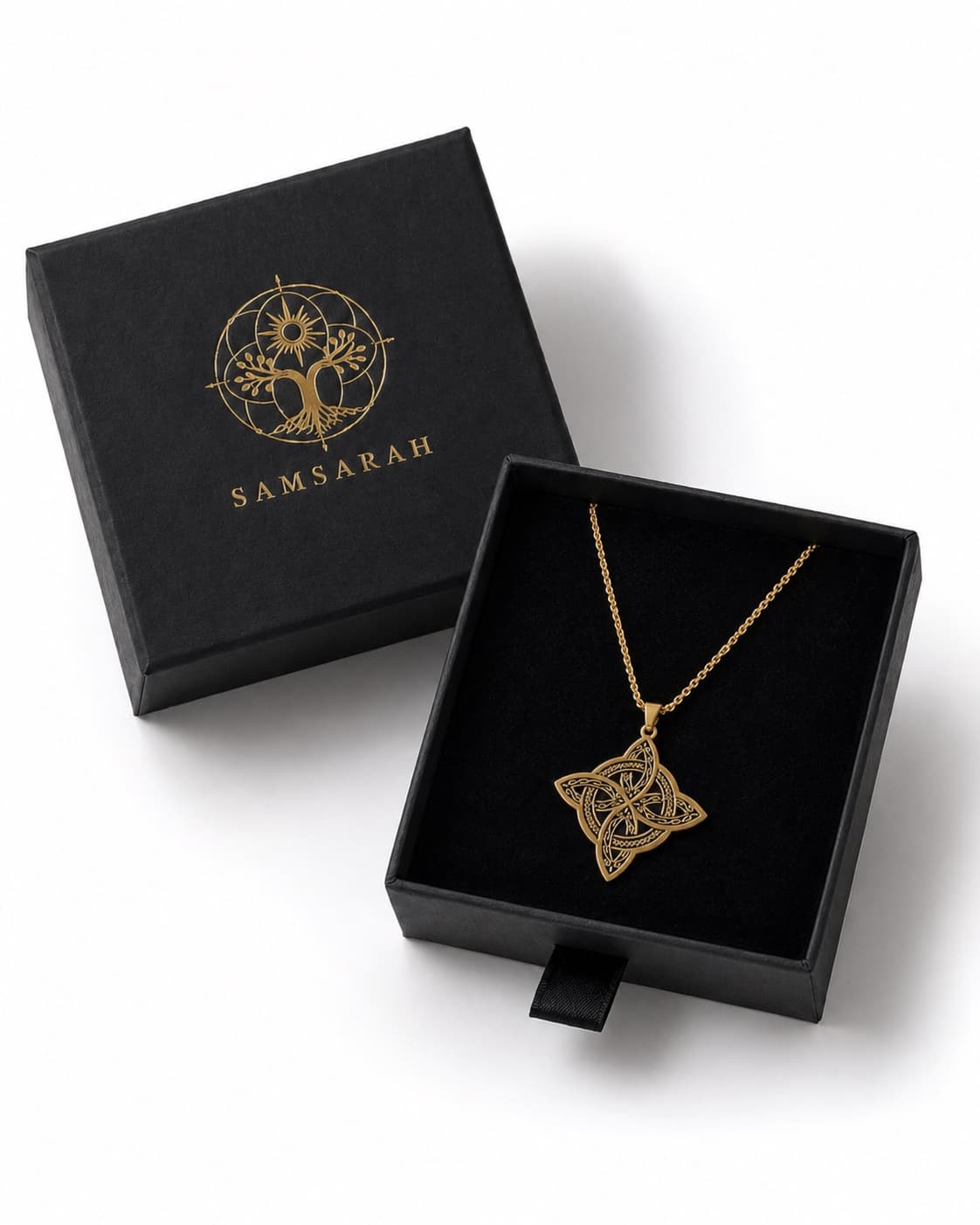 Ornate Witch Knot Pendant Necklace — worn